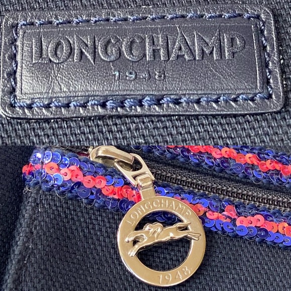 Longchamp Blue Cloth Tote with Sequin Trimmed Attached External Pochette Rare - Picture 10 of 10